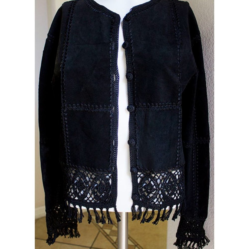 Retro Leather Suede Fringed Jacket Black